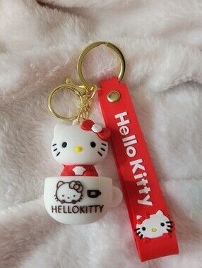 Hello Kitty Keychain with Tea Cup Charms - Pick Your Color.